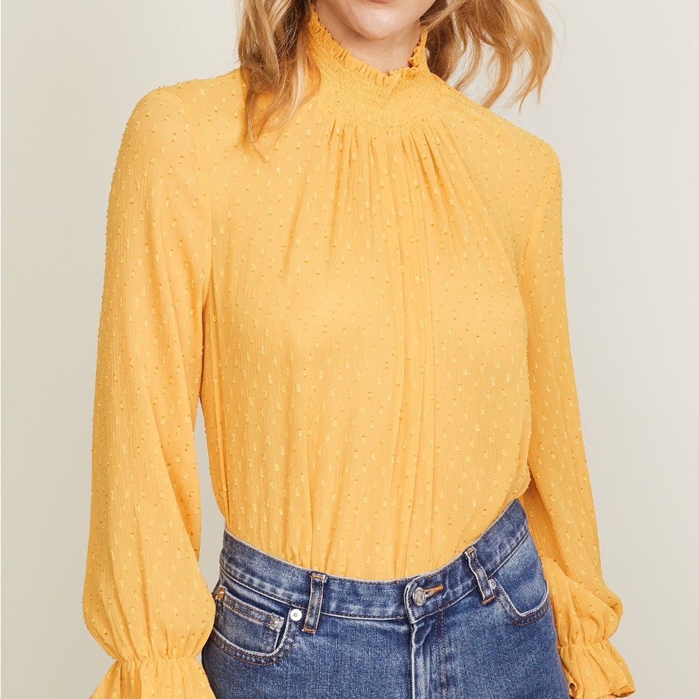 English Factory smocked Swiss dot long sleeve blouse in marigold yellow